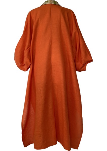 MAREVER FASHION Brokar Patlı Keten Kaftan Oranj