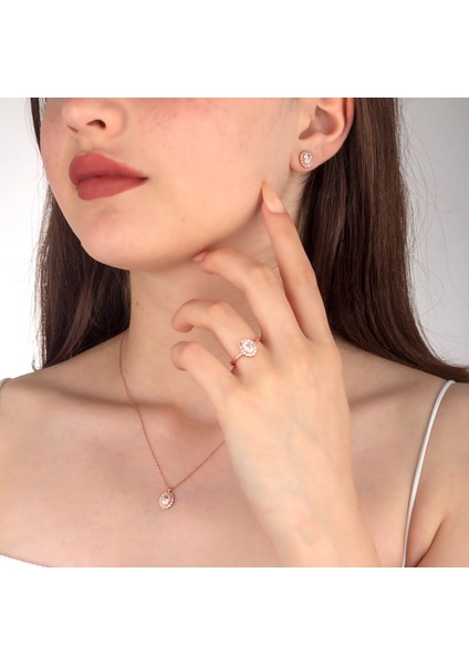 925 Ayar Gümüş Beyaz Taşlı Oval Model Kolye Küpe Yüzük Takı Seti