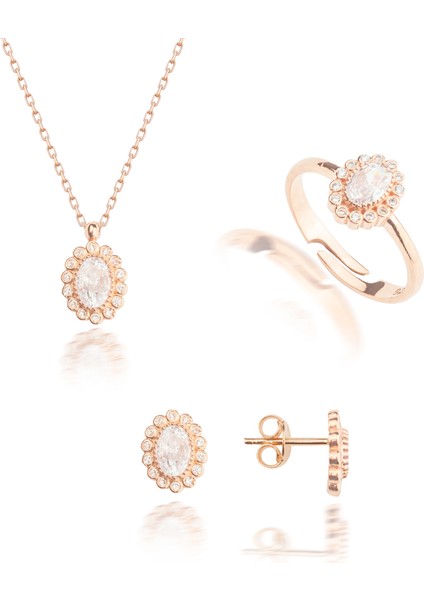 925 Ayar Gümüş Beyaz Taşlı Oval Model Kolye Küpe Yüzük Takı Seti fiyatları