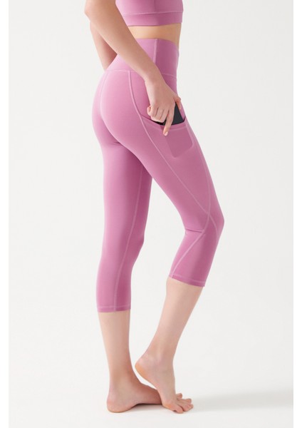 Kadın Lavanta Yüksek Bel Toparlayıcı Çift Cepli Diz Altı Kapri Tayt Capri