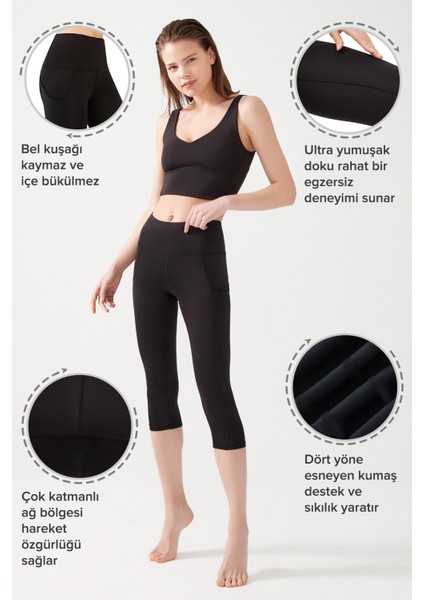 Kadın Siyah Yüksek Bel Toparlayıcı Çift Cepli Diz Altı Kapri Tayt Capri modelleri
