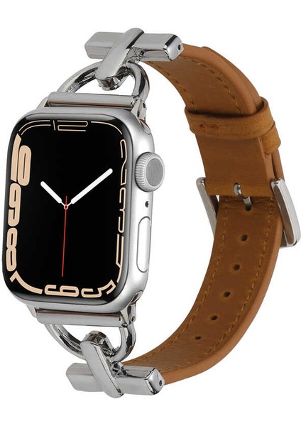 Apple Watch 7 45MM Kordon Deri Görünüm Metal Gövde Parlak Göz Alıcı Dizayn Parlak Akıllı Saat Kordon