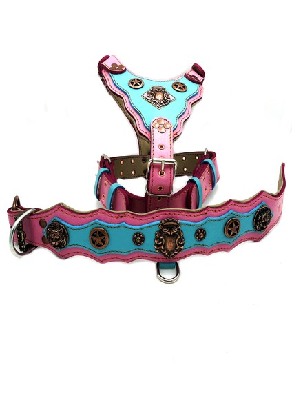 Pembe Mavi Yıldızlı Dişi Köpek Tasma Göğüslük Boyunluk Tasma Seti indirimleri