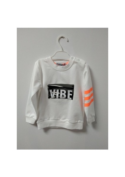 Önü Cepli Vıbe Baskılı Kolu Şeritli Erkek Bebek Sweatshirt 6-24 Ay Ekru