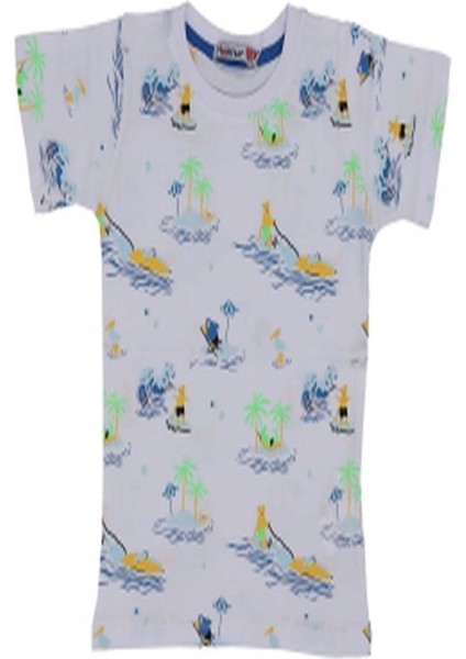 Kaykaylı Ayıcık Palmiyeli Zürafalı Kısa Kollu Erkek Çocuk T-Shirt 1-4 Yaş Beyaz