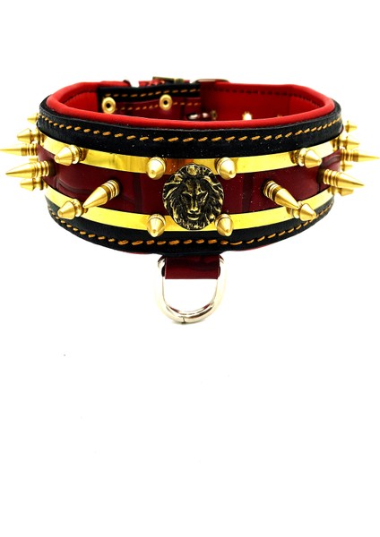 Kırmızı-Sarı Çivili Aslan Başlı Paslanmaz Çelik Plaka Deri Köpek Tasması
