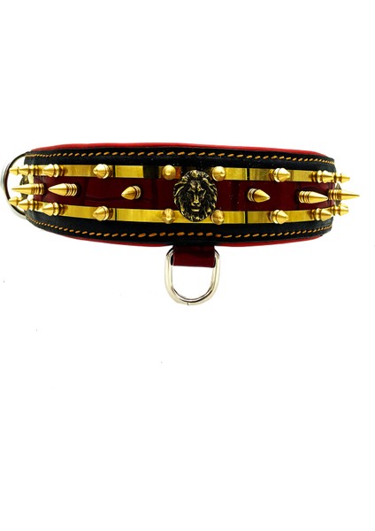 Kırmızı-Sarı Çivili Aslan Başlı Paslanmaz Çelik Plaka Deri Köpek Tasması fiyatları