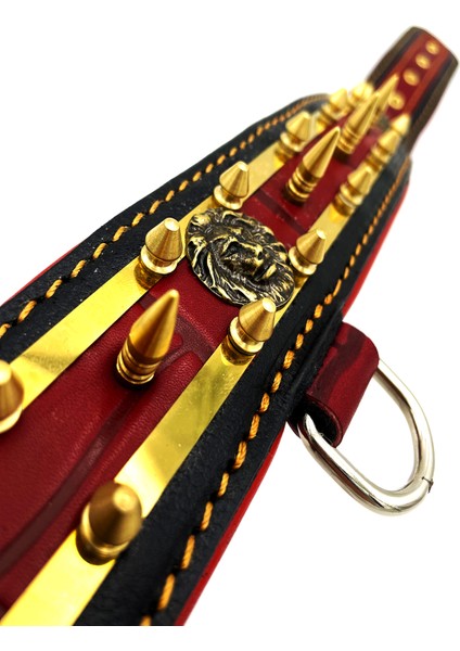 Kırmızı-Sarı Çivili Aslan Başlı Paslanmaz Çelik Plaka Deri Köpek Tasması modelleri