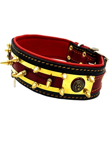 Kırmızı-Sarı Çivili Aslan Başlı Paslanmaz Çelik Plaka Deri Köpek Tasması fırsatları