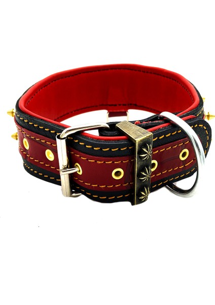 Kırmızı-Sarı Çivili Aslan Başlı Paslanmaz Çelik Plaka Deri Köpek Tasması indirimleri