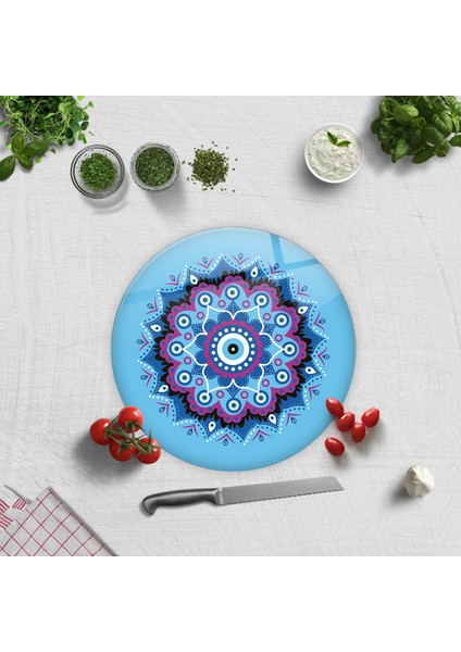 Cam Kesme Tahtası - Cam Kesme Tablası | Turkuaz Nazar Boncuğu | Çap 32cm