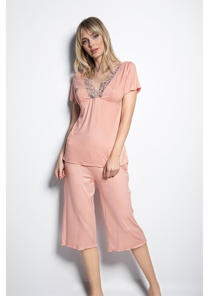 Dekolteli Brode Dantelli Büyük Beden Kapri Takımı 19158