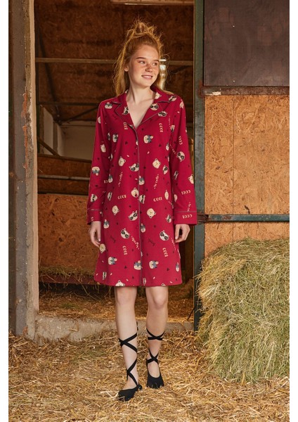 Gömlek Yakalı Hayvan ve Yazı Desenli Önü Boydan Düğmeli "so Cute Smile Cool" Gecelik 21165