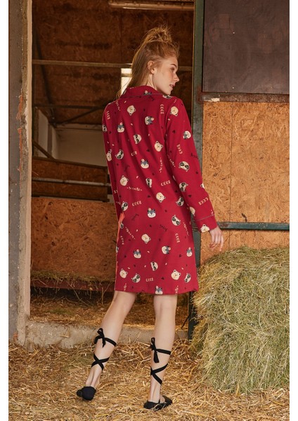 Gömlek Yakalı Hayvan ve Yazı Desenli Önü Boydan Düğmeli "so Cute Smile Cool" Gecelik 21165 modelleri