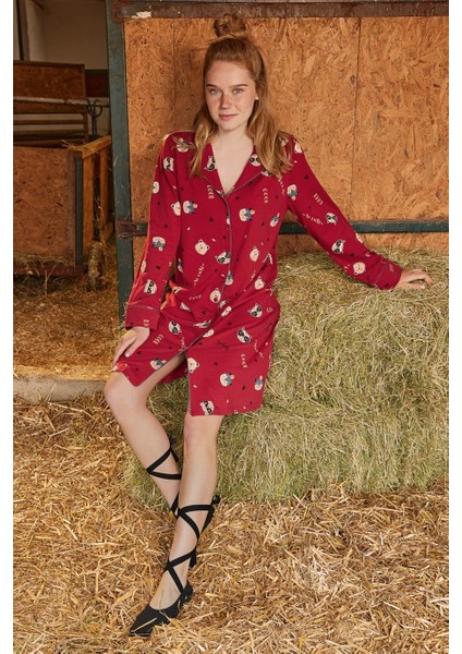 Gömlek Yakalı Hayvan ve Yazı Desenli Önü Boydan Düğmeli "so Cute Smile Cool" Gecelik 21165 fırsatları