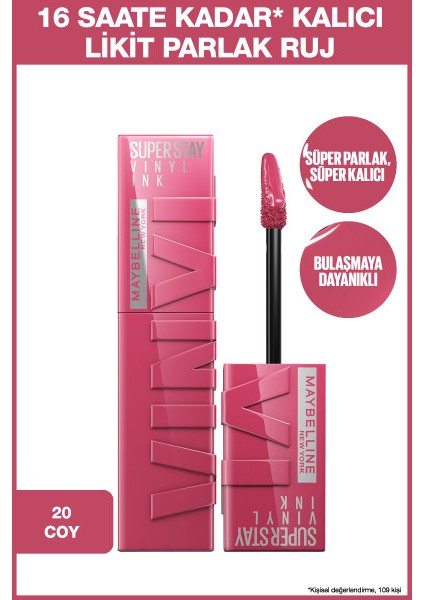 Maybelline New York Super Stay Vinyl Ink Uzun Süre Kalıcı Likit Parlak Ruj 20 Coy