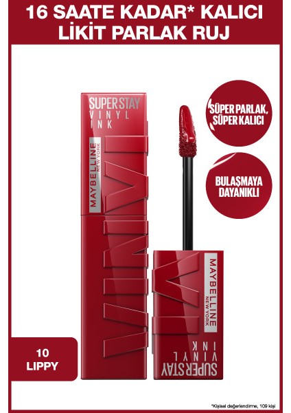 Maybelline New York Super Stay Vinyl Ink Uzun Süre Kalıcı Likit Parlak Ruj 10 Lippy