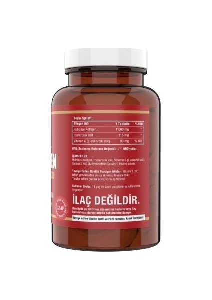 Kolajen Hyaluronic Acid Vitamin C Gluten Free 90 Tablets + Hap Kutusu