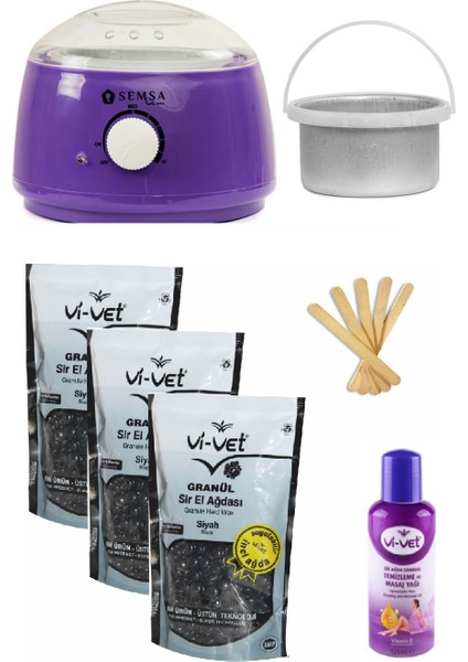 Ağda Makinesi Mor 800 Alfa+Ek Hazne+Vivet Siyah 3x250ml Boncuk Ağda+5 Spatula+Vivet 125ml Yağ