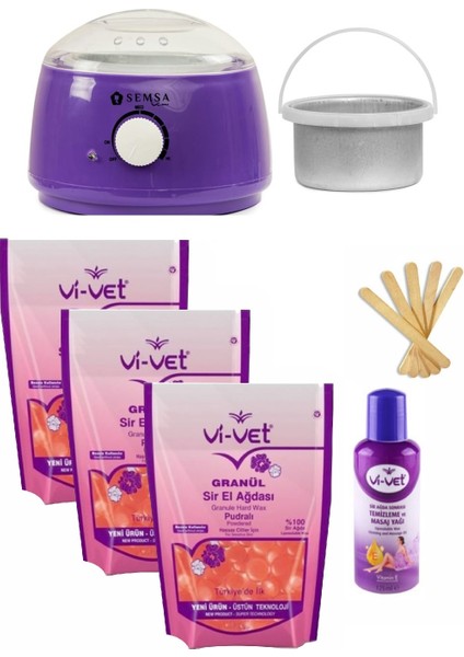 Ağda Makinesi Mor 800 Alfa+Ek Hazne+Vivet Pudralı 3x250ml Boncuk Ağda+5 Spatula+Vivet 125ml Yağ