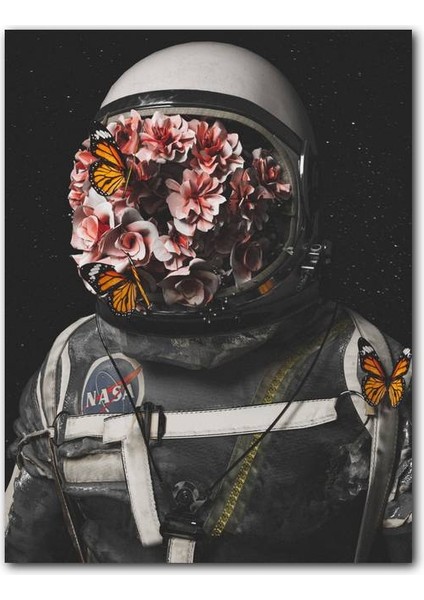 Cakatablo Ahşap Tablo Çiçek Yüzlü Astronot Görseli. Sanat (25X35 cm Boyut)