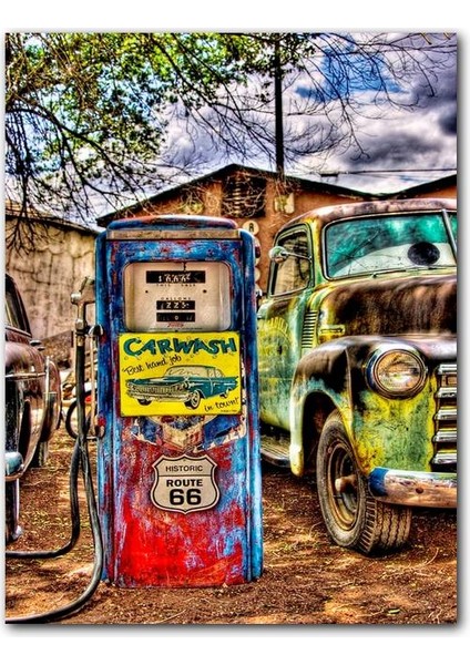 Cakatablo Ahşap Tablo Antika Amerikan Arabası ve Yakıt Pompası Hdr (25X35 cm Boyut)