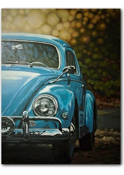 Cakatablo Ahşap Tablo Mavi Volkswagen Tosbağa Flu Arkaplan (25X35 cm Boyut)