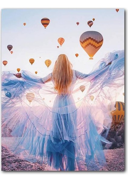 Cakatablo Ahşap Tablo Beyaz Tül Elbiseli Kadın ve Sıcak Hava Balonları (25X35 cm Boyut)