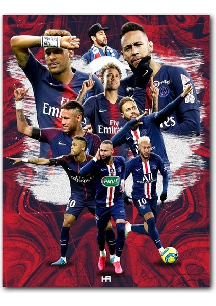 Cakatablo Ahşap Tablo Psg Neymar Kompozisyonu Kırmızı Dalgalı Arkaplan (25X35 cm Boyut)