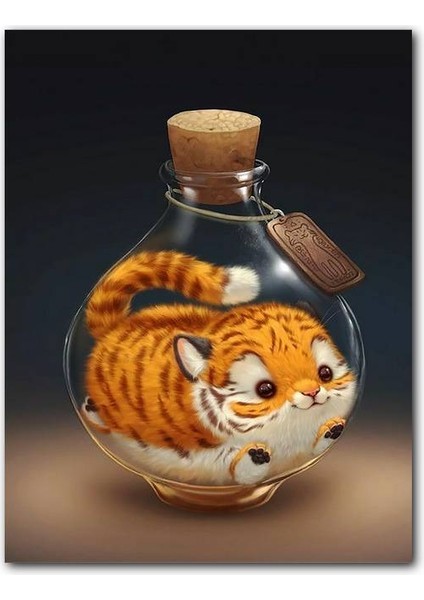 Cakatablo Ahşap Tablo Mantar Tıpalı Şişe Içindeki Sarı Kedi (25X35 cm Boyut)
