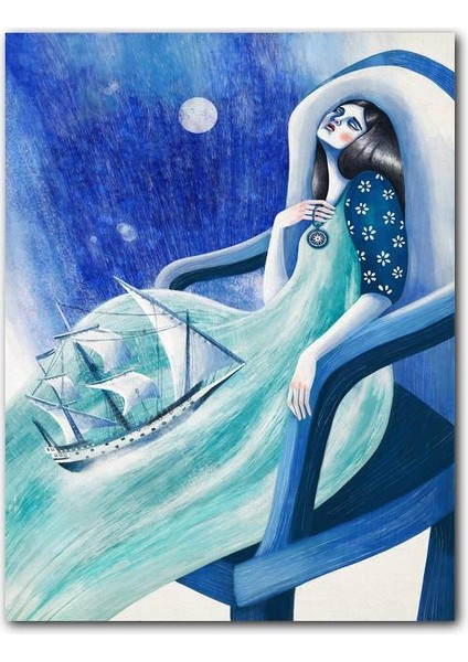 Cakatablo Ahşap Tablo Kadın Eteğinde Yelkenli Gemi Illütirasyon Görseli (25X35 cm Boyut)
