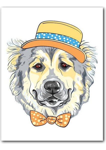 Cakatablo Ahşap Tablo Şapkalı Papyonlu Köpek Görseli (25X35 cm Boyut)