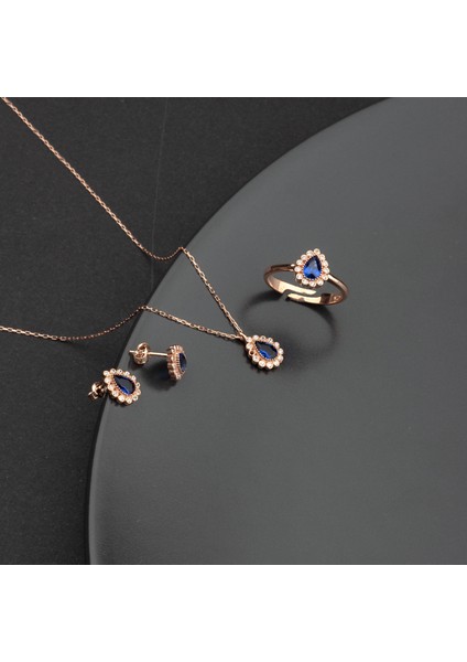925 Ayar Gümüş Safir Taşlı Damla Model Kolye Küpe Yüzük Takı Seti