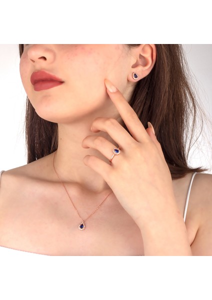 925 Ayar Gümüş Safir Taşlı Damla Model Kolye Küpe Yüzük Takı Seti fiyatları
