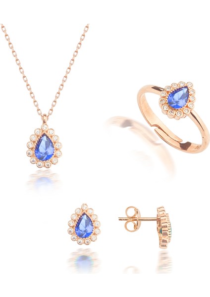 925 Ayar Gümüş Safir Taşlı Damla Model Kolye Küpe Yüzük Takı Seti modelleri