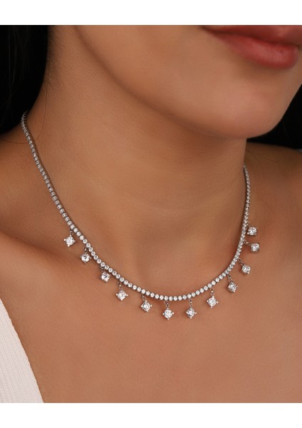 Sarkık Yuvarlak Taşlı 2 mm Suyolu Zincirli Gümüş Kolye