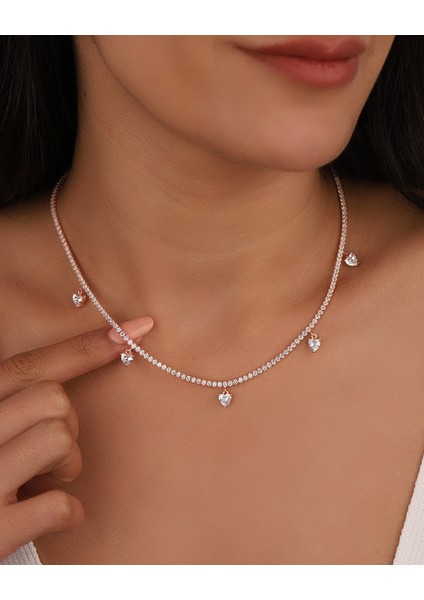 Sarkık Kalp Taşlı 2 mm Suyolu Zincirli Gümüş Kolye