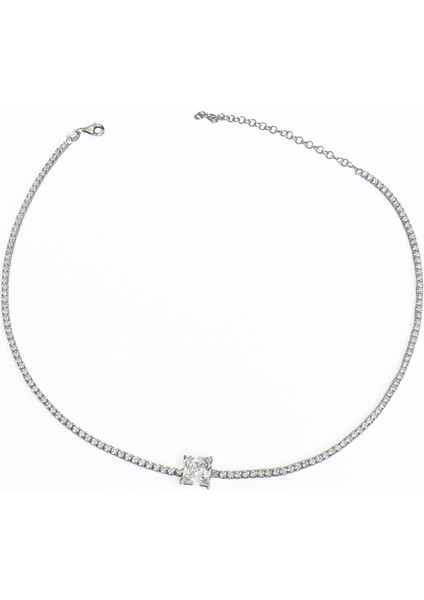 Kare Taşlı 2 mm Suyolu Zincirli Gümüş Kolye modelleri