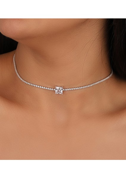 Kare Taşlı 2 mm Suyolu Zincirli Gümüş Kolye indirimleri