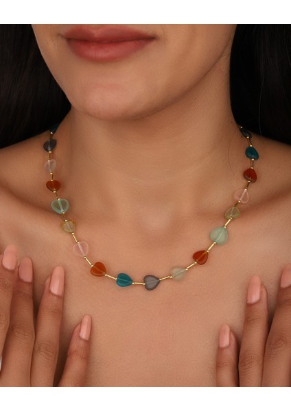 Renkli Taşlı Kalp Gümüş Kolye