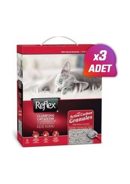 3 Adet - Reflex Granül Aktif Karbonlu Topaklanan Kedi Kumu 6 Lt