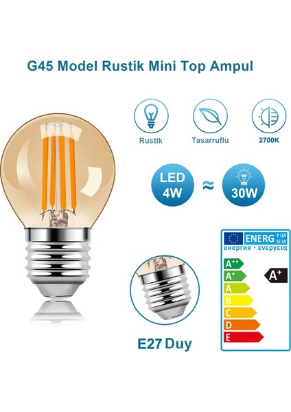 Ucuz Geldi 4 Watt Mini Top Ampul LED Filament G45 Amber Cam Rustik Ampul E27 Duy 1800K Amber Işık Rengi 6 Adet