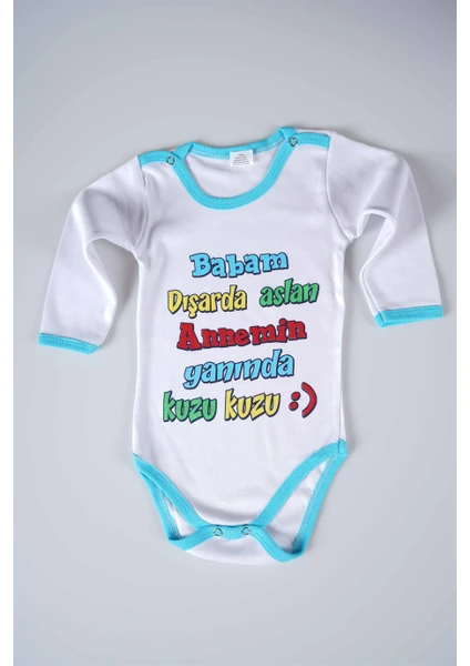 Miniko Kids Yeni Sezon Babam Dışarda Aslan Yazılı Bebek Çocuk Uzun Kol Pamuk Bady Zıbın