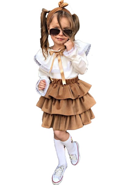 Kız Çocuk Üstü Volanlı Dantel Işlemeli Fırfırlı Taba Etekli Takım