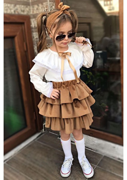 Kız Çocuk Üstü Volanlı Dantel Işlemeli Fırfırlı Taba Etekli Takım fırsatları