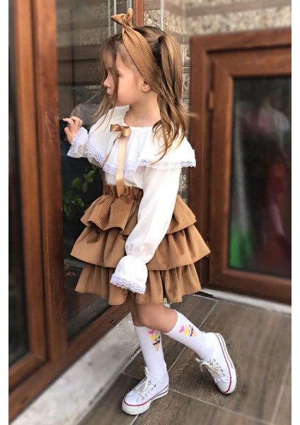 Kız Çocuk Üstü Volanlı Dantel Işlemeli Fırfırlı Taba Etekli Takım indirimleri