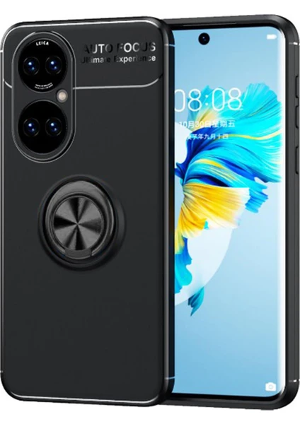 Huawei P50 Pro Focus Serisi Yüzük Standlı Silikon Kılıf - Siyah