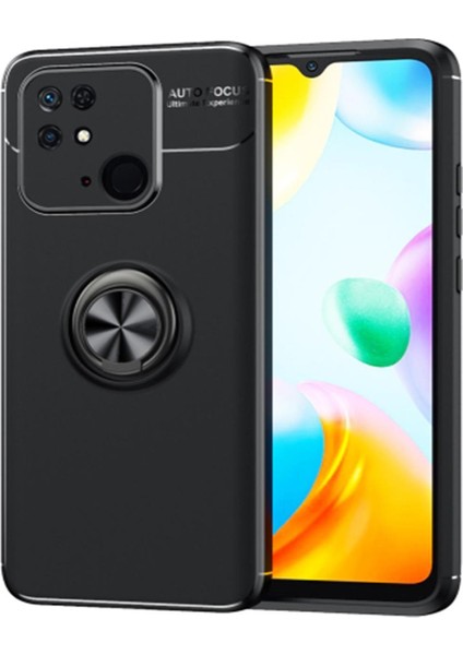 Xiaomi Redmi 10C Focus Serisi Yüzük Standlı Silikon Kılıf - Siyah