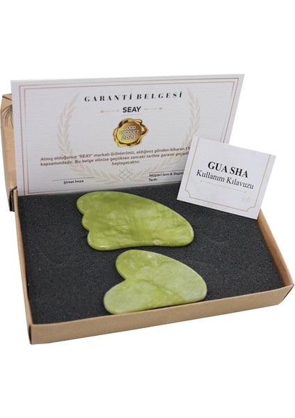 Yeşim Kalp Gua Sha ve Melek Kanadı Guasha İkili Yüz Masaj Aleti Seti Doğal Taş