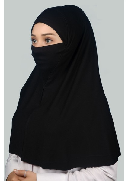 Hazır Türban Peçeli Pratik Eşarp Tesettür Nikaplı Hijab - Namaz Örtüsü Sufle (Xl) - Siyah